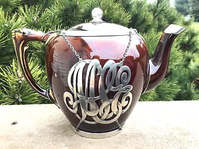 Silver Overlay Pottery Teapot With Infuser Dated 1903 UNUSUAL ANTIQUE TEAPOT • $250