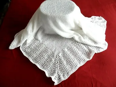 Hand Knitted  Baby Shawl In White.  (approximately 43  Square). • £26