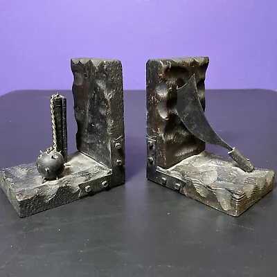 Vintage Mid Century Medieval Dungeon Book Ends With Flail Mace And Sword • $15
