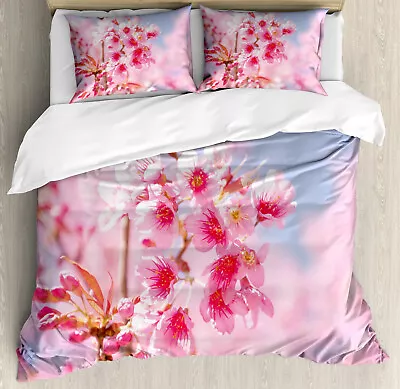 Floral Duvet Cover Set With Pillow Shams Sakura Blossom Branches Print • $89.99