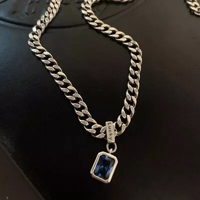 New 925 Sterling Silver Square Blue Zirconia Necklace Cuban Type Choker Necklace • $7.10