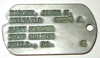 Wwii Us Army Dog Tag James H Karger T42-3 • $19.95