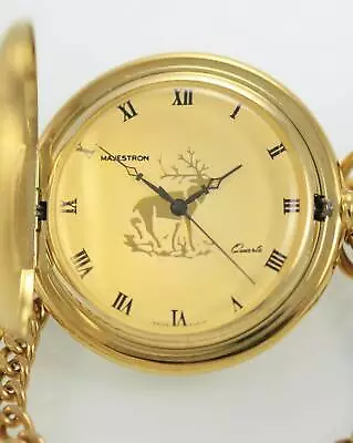 Majestron Beige Men's Stainless Gold Deer Buck Easy Read Quartz Pocket Watch • $24.58