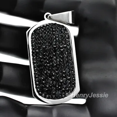 MEN's Stainless Steel Bling Black Cubic Zirconia Dog Tag Charm Pendant*BP43 • $17.99