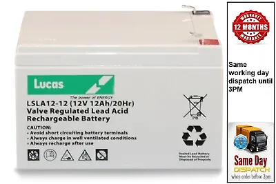 £29.95 • Buy LUCAS 12V 12AH Rechargeable SLA Battery ( Also Replaces 14ah & 15ah )