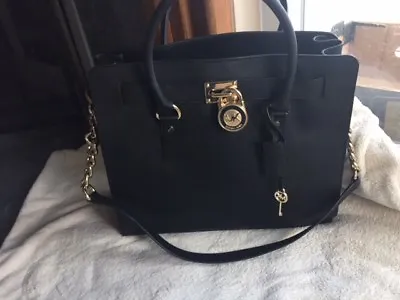 Michael Kors Hamilton Large East West Black Leather Satchel Crossbody Lock Key • $189