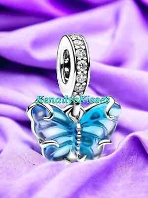 New 925 Sterling Silver Blue Murano Glass Butterfly Charm 050 • $29.99