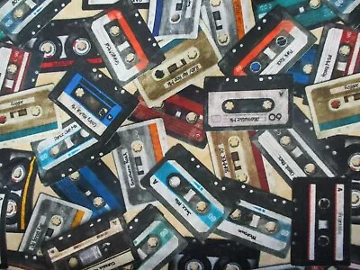 Cassette Cd Cds Tapes Compact Cassettes Music Tan Digital Cotton Fabric Fq • $4.45