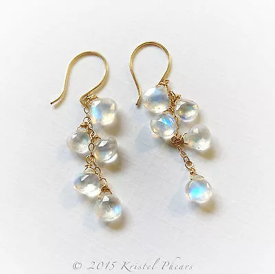 Rainbow Moonstone Earrings Solid 14k Gold Blue Bridal Cascade Cluster Earring • $260