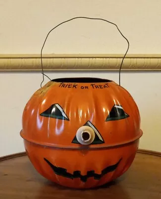 Vtg Halloween Tin Litho Jack O Lantern Pumpkin Candy Bucket U.S. Metal Toy Mfg • $95