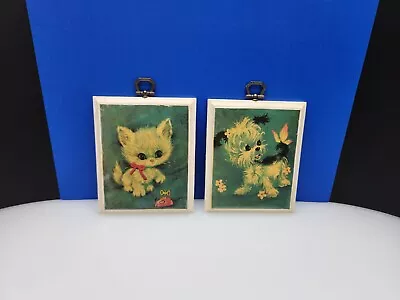Vintage MCM Wall Plaques Puppy & Kitten Wooden 4 ×5  • $19.99