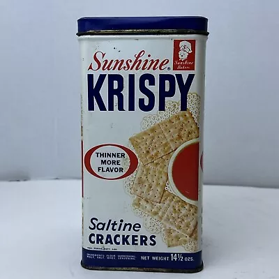 Vintage Sunshine Krispy Saltines Cracker Tin Blue Food Kitchen Decor 14.5 Oz • $11.24