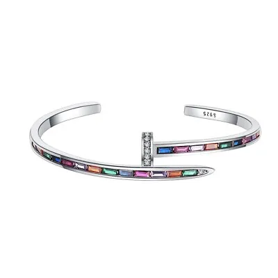 S925 Solid Sterling Silver Vintage Rainbow Cubic Zirconia Nail Open Cuff Bangles • $31.57