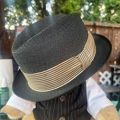 Vintage 50’s 60’s Stetson Panama Straw Fedora Hat Mens 6 3/4 Black & White • $59.99