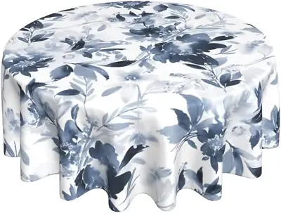 Navy Blue Floral Tablecloth Round 60 Inch Dark Blue And White Flower Tablecloths • $25.05