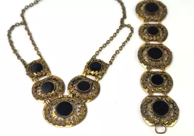 Antique Vtg Art Deco Brass Black Onyx / Glass Necklace & Bracelet Set 1920s 30s • $0.99