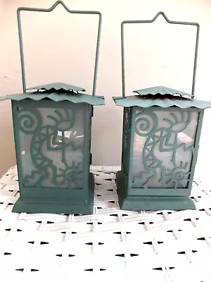 2 PartyLite  Kokopelli And Gecko Pagoda Lanterns Green 8” Navajo Southwest Hopi • £48.25