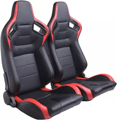 2PC Universal PVC  Racing Seat Reclinable Bucket Come W/Silder Black/Red • $249.99