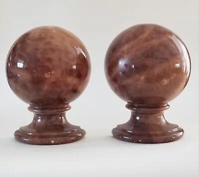 Vintage MCM Brown Marbled Alabaster Stone Globe Bookends Made In Italy • $250