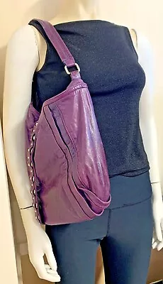 LEATHER TREESJE BOHO BAG EGGPLANT Purple High Quality Silver Hardware Large Size • £44.75