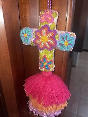 ONE MEXICAN EMBROIDERED CROSS  Fiesta  CHARM  ORNAMENT  BRIGHT COLORS 8” • $22