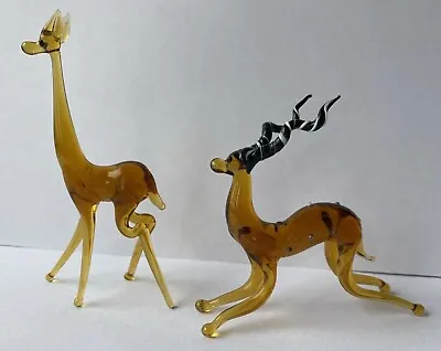 Vintage Hand Blown Glass Antelope + Giraffe. Murano Style.  11cm Tall. Mint.   • £6.99