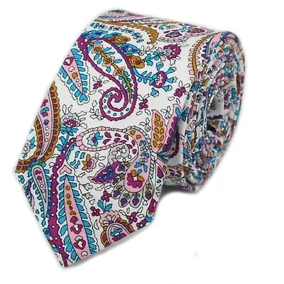 New Luxury Mens Blue Pink Purple White Paisley Pattern Tie Necktie Skinny • £6.99