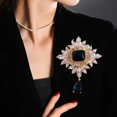 Vintage Blue Flower Teardrop Zircon Crystal Woman's Pendant Brooch Pin • $6.29