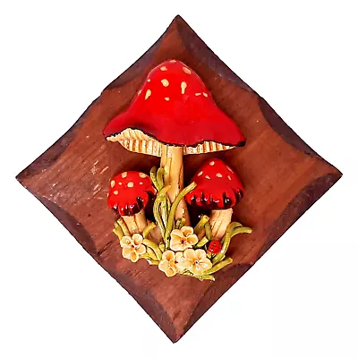 Mushroom 3D Wall Hanging Sign Red Resin Shrooms Vintage 1970s Wood Plaque • $14.99