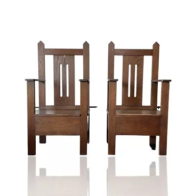 Antique Mission Oak Highback Cathedral Chair Pair • $1599
