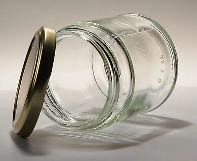 144  X  190ml  ROUND GLASS JAM JAR  & GOLD LIDS  -  PICKLES CHUTNEY PRESERVES  • £79.20