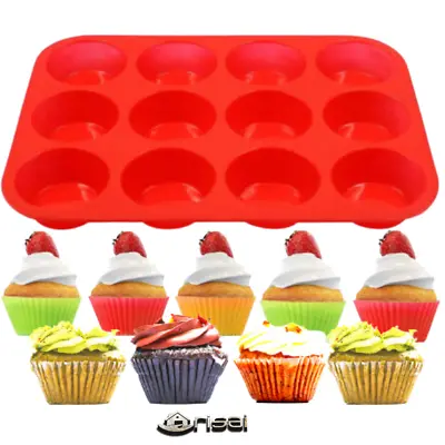 £5.95 • Buy 12 Hole Muffin Silicone Cupcake Baking Tray Yorkshire Pudding Mould Bakeware