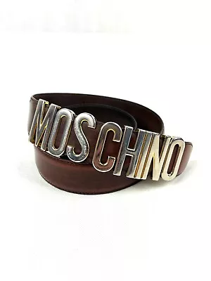 MOSCHINO Luxury Belt Gold Logo Brown Leather Italy Size 44 #99 • $59.99