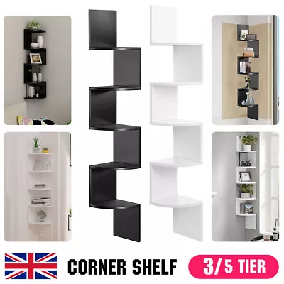 3/5 Tier Floating Wall Shelves Corner Shelf Storage Wood Display Bookcase Unit • £11.39