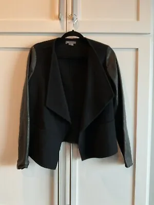 $900 Vince Leather Sleeve Drape Front Jacket Wool Blend Open Front Black Size L • $95