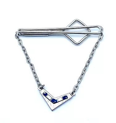 $12.25 • Buy Vintage Swank Tie Bar Tie Clip Chain Silver Tone Blue Enamel Accents 2 1/8 In