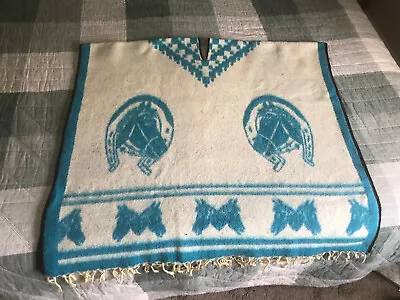 Wool Poncho Vintage From Mexico Fringed  Horses • $10