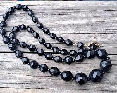 Vintage Faceted Cut Jet-Black Glass Bead Necklace 17.5” Graduated Beads • $18