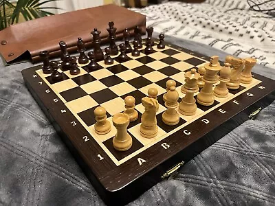 ~ Handcrafted ~ Wooden Magnetic Folding Chessboard Travel Game Set 12” • $70