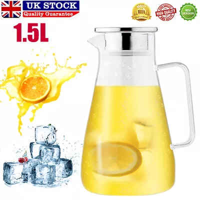 1.5L Glass Water Jug Pitcher Juice Cocktail Tea Carafe With Stainless Steel Lid • £14.99