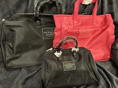 3 Piece Satin Luggage Set Victorias Secret New Black Pink HTF Duffle Travel • $80