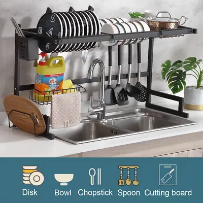 Over Sink Dish Drying Rack 2-Tier Stainless Steel Kitchen Shelf Cutlery Drainer • $37.99
