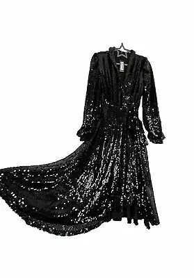 Women’s Black Sequin Skater Wrap Midi Dress Long Sleeve Size UK 8 New • £35
