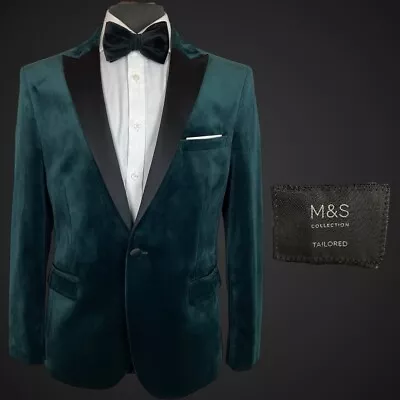 M&S Velvet Dinner Jacket Blazer 42S Dark Green Peak Lapel Smoking Jacket Tuxedo • $52.26