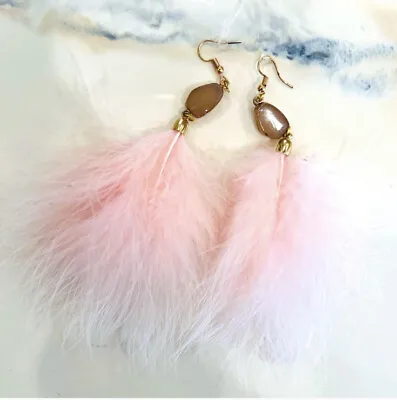 Bohemian Feather Earrings Festival Drop Long Statment Pink & Gold • $9.99