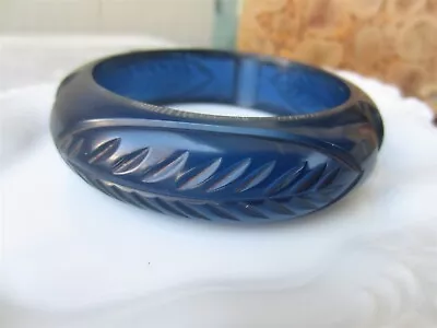 Vintage Early Translucent Cobalt Blue Carved Leaf Plastic Bangle Bracelet • $9.99