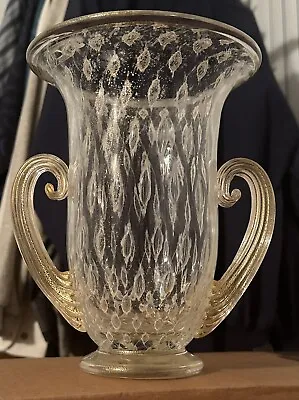 Signed Gambaro & Poggi Murano Venetian Glass 9 ½” Vase With Handles Gold Bubbles • $299