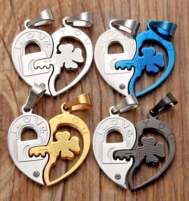 Matching Necklace Couples Heart Lock&Key Lucky Clover Stainless Steel Pendant US • $3.89