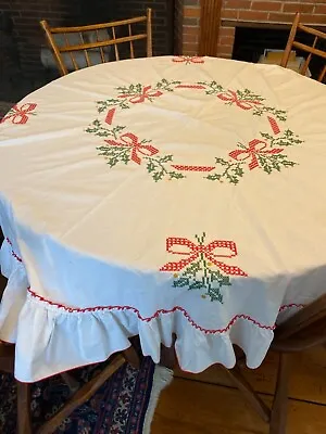 68   ROUND TABLECLOTH  Hand Embroidered Cross Stitch Christmas Holiday • $19