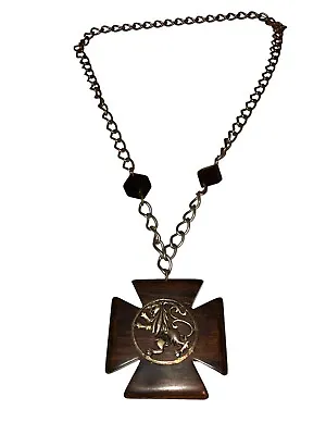 Vintage Lion Rampant Gold Brass Charm Pendant Wooden Necklace Cross Silver Chain • $24.97